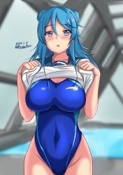 Rule 34 | 1girl, blue eyes, blue hair, blue sailor collar, blue one-piece swimsuit, breasts, clothes lift, competition swimsuit, covered navel, cowboy shot, dated, hat, highleg, highleg swimsuit, highres, kantai collection, large breasts, looking at viewer, medium hair, montemasa, one-piece swimsuit, rei no pool, sailor collar, sailor hat, sailor shirt, shirt, shirt lift, sleeves rolled up, solo, swimsuit, twitter username, urakaze (kancolle)