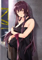Rule 34 | 1girl, absurdres, alternate hairstyle, armpit crease, bare shoulders, black dress, black gloves, black pantyhose, blush, breasts, caution tape, choker, cleavage, clothes lift, collarbone, cowboy shot, dress, dress lift, dress tug, earrings, girls&#039; frontline, gloves, half gloves, highres, indoors, jewelry, lifting own clothes, long hair, looking at viewer, medium breasts, official alternate costume, open mouth, pantyhose, pink ribbon, purple hair, red eyes, ribbon, sidelocks, single strap, solo, standing, thighband pantyhose, uno ryoku, very long hair, wa2000 (ballroom interlude) (girls&#039; frontline), wa2000 (girls&#039; frontline), wrist ribbon