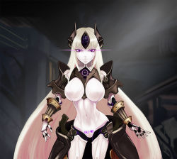 Rule 34 | 1girl, android, armor, automaton (monster girl encyclopedia), blonde hair, breasts, closed mouth, colored skin, commentary request, contrapposto, cowboy shot, gears, glowing, glowing eyes, huge breasts, large breasts, light smile, long hair, looking at viewer, monster girl, monster girl encyclopedia, navel, pubic tattoo, purple eyes, robot ears, robot girl, solo, standing, subete no houkou, tattoo, very long hair, white skin