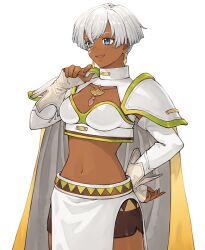 Rule 34 | 1girl, armor, artist request, atelier (series), atelier marie, blue eyes, breastplate, breasts, brown shorts, cape, dark-skinned female, dark skin, earrings, elbow gloves, gloves, hand on own hip, jewelry, loincloth, medium breasts, my sextans, navel, official art, open mouth, short hair, shorts, shoulder pads, simple background, smile, solo, standing, tecmo, white cape, white gloves, white hair