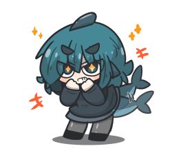 Rule 34 | +++, 1girl, afterimage, black shirt, blue eyes, blue hair, blush, chibi, commentary, fins, fish tail, fuka-chan, full body, grey pantyhose, grey skirt, grin, hair between eyes, hands up, highres, long sleeves, original, pantyhose, shadow, shark tail, shirt, short eyebrows, simple background, skirt, smile, solo, sparkle, standing, tail, tail wagging, thick eyebrows, uni souchou, v-shaped eyebrows, white background