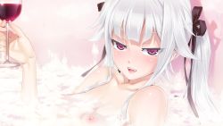 Rule 34 | 1girl, alcohol, bath, bathing, bathtub, bishoujo mangekyou, blood, blush, breasts, collarbone, cup, drinking glass, fangs, game cg, glass, happoubi jin, kagarino kirie, long hair, looking at viewer, nipples, nude, open mouth, purple eyes, ribbon, silver hair, small breasts, smile, soap, solo, twintails, vampire, water, wet, wine, wine glass