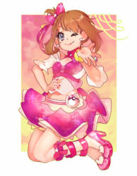 Rule 34 | 1girl, ;), blue eyes, brown hair, commentary, creatures (company), earrings, eyelashes, full body, game freak, girutea, hair ribbon, hand on own hip, hand up, high heels, jewelry, legs together, may (pokemon), medium hair, nail polish, navel, nintendo, one eye closed, pink footwear, pink nails, pink ribbon, pink skirt, pokemon, pokemon oras, ribbon, skirt, smile, solo, sparkle