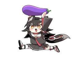 Rule 34 | 1girl, :3, :d, absurdres, animal ears, arms up, black hair, black serafuku, black skirt, blush, brown eyes, cocomayo29 (tomato), detached sleeves, eggplant, fang, hair ornament, highres, hololive, kouhaku nawa, long hair, long sleeves, low-tied long hair, necktie, ookami mio, ookami mio (casual), open mouth, pleated skirt, red necktie, rope, running, sailor collar, school uniform, serafuku, shimenawa, shirt, skirt, sleeveless, sleeveless shirt, smile, solo, virtual youtuber, white sailor collar, wolf ears, wolf girl