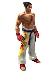 Rule 34 | 00s, 2001, brown eyes, facial scar, highres, japanese clothes, martial arts, mishima kazuya, muscular, muscular male, red eyes, scar, scar on arm, scar on cheek, scar on chest, scar on face, smile, tekken, tekken 4, thick eyebrows, white background