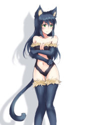 Rule 34 | 1girl, agarest senki, agarest senki (series), ahri (league of legends), animal ears, black hair, blush, breasts, cat ears, cat tail, cleavage, elbow gloves, embarrassed, fur, fur trim, gloves, green eyes, highres, long hair, navel, ricegnat, shadow, simple background, solo, tail, thighhighs, white background