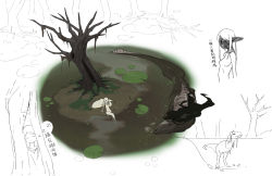 Rule 34 | 1girl, afloat, bare tree, black hair, blonde hair, concept art, dinosaur, closed eyes, highres, lily pad, long hair, original, partially submerged, pointy ears, rai32019, sitting, sketch, sleeping, tree, undead, wading, wetland, zzz