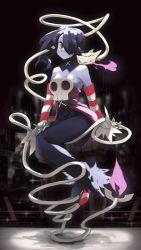 Rule 34 | 1girl, absurdres, blue hair, blue skin, breasts, colored skin, detached collar, detached sleeves, dragon, dress, closed eyes, fire, hair over one eye, highres, leviathan (skullgirls), red eyes, side ponytail, sideboob, sitting, sitting on person, skeletal arm, skullgirls, smile, squigly (skullgirls), stitched mouth, stitches, xue jiang (simoncry), zombie