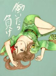 Rule 34 | 10s, 1girl, amagi (kancolle), arms up, breasts, brown eyes, brown hair, flower, flower on head, furisode, hair flower, hair ornament, japanese clothes, jitome, kantai collection, kimono, large breasts, looking at viewer, mole, mole under eye, shimesaba (simesabaikka), simple background, solo, triangle mouth, upside-down, wide sleeves