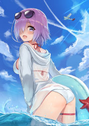 Rule 34 | 1girl, :d, absurdres, aircraft, airplane, alternate costume, ass, ayul (ayulneri 92), back, bent over, bikini, bikini under clothes, black-framed eyewear, blue sky, blush, breasts, cloud, commentary request, day, eyewear on head, fate/grand order, fate (series), from behind, hair over one eye, halterneck, highres, innertube, jacket, large breasts, leaning forward, light purple hair, long sleeves, looking at viewer, looking back, mash kyrielight, ocean, open clothes, open jacket, open mouth, outdoors, purple eyes, purple hair, see-through, short hair, sky, smile, solo, starfish, sunglasses, sunglasses on head, swim ring, swimsuit, thigh strap, thighs, wading, water, wet, wet clothes, white bikini, white jacket
