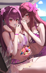 Rule 34 | 2girls, absurdres, bare shoulders, bikini, bracelet, breasts, cleavage, collarbone, dolce (dolsuke), eating, fate/grand order, fate (series), flower, food, hair between eyes, hair flower, hair ornament, hibiscus, highres, ice cream, jewelry, large breasts, long hair, looking at viewer, microskirt, multiple girls, nail polish, navel, open mouth, purple bikini, purple hair, red eyes, sarong, scathach (fate), scathach (fate/grand order), scathach (swimsuit assassin) (fate), scathach skadi (fate), scathach skadi (swimsuit ruler) (fate), scathach skadi (swimsuit ruler) (first ascension) (fate), see-through, skirt, swimsuit, thighs, twintails