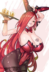 Rule 34 | 1girl, action taimanin, animal ears, astaroth (taimanin asagi), bare shoulders, bow, bowtie, breast tattoo, breasts, cleavage, covered navel, cup, curvy, detached collar, drinking glass, fake animal ears, female focus, grin, hairband, heart, heart tattoo, highleg, highleg leotard, holding, holding tray, huge breasts, leotard, lips, long hair, looking at viewer, naughty face, official alternate costume, pantyhose, playboy bunny, r-wade, rabbit ears, red bow, red bowtie, red hair, red leotard, sharp teeth, shiny clothes, shiny skin, simple background, smile, solo, strapless, strapless leotard, taimanin (series), taimanin rpgx, tattoo, teeth, thick thighs, thighs, thong leotard, tray, very long hair, wide hips, wrist cuffs, yellow eyes