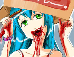 Rule 34 | 1girl, blood, blue hair, box, cardboard box, crazy, fangs, green eyes, head tilt, highres, in box, in container, knife, non-web source, open mouth, self-upload, sketch, smile, solo, watch, wristwatch, yandere