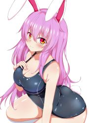 Rule 34 | 1girl, animal ears, black one-piece swimsuit, blush, breasts, cleavage, closed mouth, hand on own chest, highres, large breasts, long hair, looking at viewer, one-piece swimsuit, purple hair, rabbit ears, rabbit tail, red eyes, reisen udongein inaba, school swimsuit, seo haruto, simple background, sitting, solo, swimsuit, tail, touhou, white background