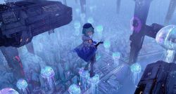 Rule 34 | 1boy, arknights, blue cape, blue hair, blue hat, boots, bubble, building, cape, chinese commentary, cityscape, clay (clayjun), from side, grin, hand up, hat, highres, hologram, hood, hooded cape, jellyfish, looking back, mizuki (arknights), pink eyes, scenery, short hair, shorts, skyscraper, smile, solo, standing, submarine, umbrella, underwater, underwater city, watercraft, wide shot