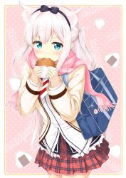 Rule 34 | 1girl, absurdres, animal ears, azur lane, bad id, bad pixiv id, bag, bag charm, beige jacket, black bow, black hairband, blue eyes, blush, bow, burger, cat ears, character name, charm (object), cowboy shot, eating, fingernails, food, fringe trim, hair between eyes, hair bow, hairband, hammann (azur lane), highres, holding, holding food, jacket, kyuujou komachi, long hair, long sleeves, looking at viewer, onigiri, open clothes, open jacket, pink scarf, plaid, plaid skirt, pleated skirt, polka dot, polka dot background, red skirt, scarf, school bag, shirt, silver hair, skirt, sleeves past wrists, solo, two side up, very long hair, white shirt
