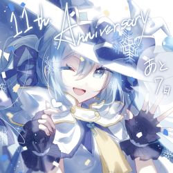 Rule 34 | 1girl, anniversary, blue bow, bow, cloak, commentary, confetti, fingerless gloves, gloves, hat, hat bow, hatsune miku, large hat, liita (dusk snow), looking at viewer, magician, necktie, one eye closed, open mouth, purple gloves, shirt, short necktie, sleeveless, sleeveless shirt, smile, snowflake in eye, snowflake ornament, snowflakes, solo, symbol in eye, treble clef, twintails, upper body, vocaloid, white hat, white shirt, witch hat, yellow necktie, yuki miku, yuki miku (2014)