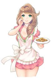 Rule 34 | 1girl, apron, aqua eyes, bow, breasts, brown hair, cleavage, cookie, dakun, eugene (soccer spirits), food, hand on own cheek, hand on own face, highres, long hair, looking at viewer, medium breasts, official art, plate, smile, soccer spirits, solo, standing, transparent background, white bow