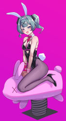 Rule 34 | 1girl, :d, animal ears, aqua hair, bare shoulders, black footwear, blue eyes, breasts, hair ornament, hairclip, hatsune miku, heart, heart-shaped pupils, high heels, highres, leotard, looking at viewer, medium breasts, necktie, open mouth, pantyhose, pink background, playboy bunny, purple pantyhose, rabbit ears, rabbit hole (vocaloid), rabbit tail, riding, shirakawafel, short hair, simple background, sitting, smile, solo, spring rider, symbol-shaped pupils, tail, teardrop facial mark, twintails, vocaloid