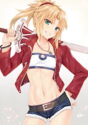 Rule 34 | 1girl, absurdres, bandeau, belt, blonde hair, blue shorts, braid, breasts, clarent (fate), collarbone, cutoffs, denim, denim shorts, fate/apocrypha, fate (series), french braid, green eyes, grin, gu li, hair ornament, hair scrunchie, hand on own hip, highres, jacket, jewelry, long hair, long sleeves, looking at viewer, mordred (fate), mordred (fate/apocrypha), mordred (memories at trifas) (fate), navel, necklace, open clothes, open jacket, over shoulder, parted bangs, ponytail, red jacket, red scrunchie, scrunchie, short shorts, shorts, sidelocks, small breasts, smile, solo, sword, thighs, weapon, weapon over shoulder