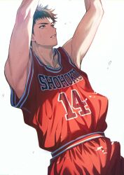 Rule 34 | 1boy, arms up, basketball uniform, black eyes, black hair, cowboy shot, highres, male focus, mitsui hisashi, parted lips, red shorts, red tank top, short hair, shorts, simple background, slam dunk (series), solo, sportswear, standing, sweat, tank top, vaw88zzz, white background