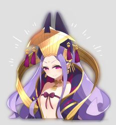 Rule 34 | absurdres, blush, breasts, chinese clothes, choker, earrings, facial mark, fate/grand order, fate (series), forehead mark, grey background, hair ornament, headgear, highres, jewelry, long hair, purple eyes, purple hair, ribbon, smile, wu zetian (fate)