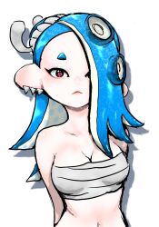 Rule 34 | 1girl, armpit crease, arms behind back, bare shoulders, blue hair, breasts, cephalopod eyes, chest sarashi, closed mouth, commentary request, earrings, eyelashes, hachimaki, hair over one eye, headband, highres, jewelry, koharu2.5, large breasts, long hair, multiple earrings, navel, nejiri hachimaki, nintendo, octoling, red eyes, red pupils, sarashi, shiver (splatoon), simple background, solo, splatoon (series), splatoon 3, tentacle hair, thick eyebrows, tooth earrings, upper body, white background