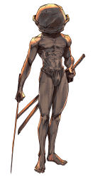 Rule 34 | 1boy, abs, absurdres, barefoot, covered face, david liu, dual wielding, elden ring, facing viewer, full body, fundoshi, hand on hilt, highres, holding, holding sword, holding weapon, japanese clothes, katana, let me solo her, male focus, manly, muscular, muscular male, pot on head, scabbard, sheath, solo, sword, tarnished (elden ring), weapon, white background