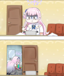 Rule 34 | 1girl, 2koma, blue archive, blunt bangs, c/h, capelet, comic, commentary, couch, door, eating, english commentary, gloom (expression), hair bun, hair ornament, halo, highres, holding, holding spoon, long hair, looking at viewer, mika (blue archive), mirror, one side up, pink hair, school uniform, sidelocks, silent comic, single side bun, sink, solo, spoon, toilet, vomiting rainbows, yellow eyes