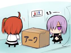 Rule 34 | 2girls, ahoge, bare shoulders, bathroom, box, chibi, detached sleeves, expressionless, fate/grand order, fate (series), fujimaru ritsuka (female), long sleeves, looking at another, mash kyrielight, miniskirt, multiple girls, navel, restroom, sen (astronomy), short hair, side ponytail, sign, skirt, translation request