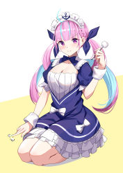 Rule 34 | 1girl, absurdres, aqua nails, blue dress, blue hair, blunt bangs, blush, bow, breasts, center opening, cleavage, collarbone, commentary request, cowlick, dress, eyelashes, frilled dress, frills, hair ornament, hat, highres, holding, hololive, legs folded, long hair, looking at viewer, medium breasts, mimikaki, minato aqua, minato aqua (1st costume), miuna (498475051), multicolored hair, nail polish, pink eyes, pink hair, puffy short sleeves, puffy sleeves, seiza, shadow, short sleeves, simple background, sitting, smile, solo, split mouth, streaked hair, twintails, two-tone background, two-tone hair, v-shaped eyebrows, virtual youtuber, white bow, wrist cuffs