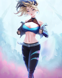 Rule 34 | 1girl, akali, belt, blonde hair, blue eyes, breasts, cleavage, cleavage cutout, clothing cutout, cropped jacket, earrings, eyeshadow, fingerless gloves, gloves, highres, jacket, jewelry, k/da (league of legends), large breasts, league of legends, lips, looking at viewer, makeup, mcdobo, midriff, multicolored hair, navel, official alternate costume, open clothes, open jacket, ponytail, solo, the baddest akali, two-tone hair
