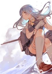 Rule 34 | 10s, 1girl, blue eyes, blue hair, blush, commentary request, gloves, hatsukaze (kancolle), hime cut, joseph lee, kantai collection, kneehighs, loafers, long hair, machinery, matching hair/eyes, pleated skirt, school uniform, shoes, skirt, socks, solo, standing, standing on liquid, turret, vest, water, white socks