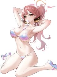 Rule 34 | 1girl, absurdres, armpits, aru (blue archive), bikini, blue archive, blush, breasts, collared shirt, halo, highres, horns, large breasts, long hair, looking at viewer, mouth hold, pink hair, ponytail, ribbon, ribbon in mouth, shirt, sitting, solo, stone (ksorede), string bikini, swimsuit, tying hair, wariza, yellow eyes