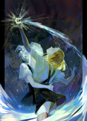 Rule 34 | 2others, blonde hair, commentary request, covered face, crescent moon, crystal hair, diamond (houseki no kuni), closed eyes, highres, houseki no kuni, long hair, looking up, moon, multiple others, other focus, shirt, short hair, short sleeves, taro-k, thighhighs, white hair, white shirt, yellow diamond (houseki no kuni)