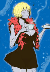 Rule 34 | 1girl, black dress, blonde hair, bob cut, breasts, cleavage, closed eyes, colored skin, cup, dress, feather boa, gradient background, grey skin, kakutou oukoku, large breasts, musical note, ohcock, one piece, panties, saucer, scar, see-through, short hair, solo, stitches, tea, teacup, underwear, victoria cindry, zombie