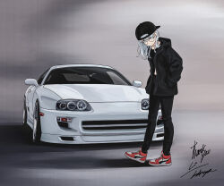 Rule 34 | 1girl, absurdres, backwards hat, baseball cap, black hat, black pants, bokuya, car, closed mouth, commission, crop top, glasses, grey hair, hands in pockets, hat, highres, hood, hooded jacket, jacket, looking at viewer, medium hair, motor vehicle, open clothes, open jacket, original, pants, red footwear, round eyewear, shoes, signature, skeb commission, smile, sneakers, solo, sports car, standing, thank you, toyota, toyota supra