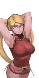 Rule 34 | 1girl, 33dot, absurdres, armpits, arms behind head, arms up, beige skirt, belt, blonde hair, blue eyes, breasts, commentary, commission, english commentary, gamia q, highres, large breasts, long hair, looking at viewer, mazinger (series), mazinger z, mazinkaiser, pencil skirt, pixiv commission, red sweater, shin mazinger shougeki! z-hen, skirt, sleeveless, sleeveless turtleneck, solo, standing, sweater, turtleneck, twintails, white background