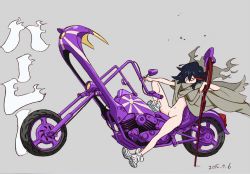 Rule 34 | 10s, 1girl, black hair, bottomless, bousouzoku, cloak, dated, delinquent, from side, grey background, kill la kill, leaning, matoi ryuuko, motor vehicle, motorcycle, naked cloak, navel, official art, scissor blade (kill la kill), shoes, short hair, simple background, sneakers, solo, sushio, vehicle