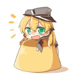 Rule 34 | 10s, 1girl, bad id, bad twitter id, blonde hair, blush, chibi, food, green eyes, hat, kantai collection, long hair, low twintails, lowres, mini person, minigirl, open mouth, prinz eugen (kancolle), pudding, pun, rebecca (keinelove), smile, solo, twintails