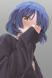 Rule 34 | 1girl, black ribbon, black sweater, blue hair, blush, bocchi the rock!, covering own mouth, from below, grey background, hair ornament, hairclip, looking at viewer, mole, mole under eye, neck ribbon, ribbon, short hair, sleeves past fingers, sleeves past wrists, solo, sweater, uniazi mikan, yamada ryo, yellow eyes