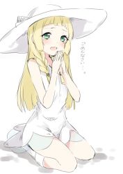 Rule 34 | 1girl, absurdres, bad id, bad twitter id, blonde hair, braid, chitetan, creatures (company), dress, game freak, green eyes, hat, highres, lillie (pokemon), long hair, nintendo, open mouth, own hands together, pokemon, pokemon sm, simple background, sitting, sleeveless, sleeveless dress, solo, sun hat, tears, twin braids, white background, white dress, white hat