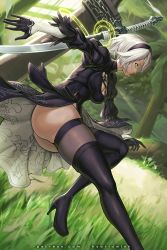 Rule 34 | 1girl, ass, black dress, black footwear, black headband, black thighhighs, boots, bottomless, breasts, center opening, cleavage, closed mouth, commentary, covering own eyes, dress, english commentary, eyebrows, flower, foliage, forehead, glowing, grass, green eyes, headband, hybridmink, katana, knee up, looking ahead, medium breasts, nier:automata, nier (series), outdoors, parted bangs, patreon username, solo, standing, standing on one leg, sword, thigh boots, thighhighs, weapon, white hair, 2b (nier:automata), ||/