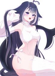 Rule 34 | 1girl, :d, absurdres, ahoge, alternate costume, animal ears, aran legwear, ass, bare shoulders, black hair, body markings, breasts, cetacean tail, detached sleeves, facial mark, fins, fish tail, garter straps, heart, heart ahoge, highres, indie virtual youtuber, large breasts, long hair, looking at viewer, meme attire, multicolored hair, open mouth, orca girl, panties, purple eyes, ribbed sleeves, ribbed sweater, ribbed thighhighs, ruri111, shylily, side-tie panties, simple background, smile, solo, stomach, streaked hair, sweater, tail, thighhighs, thighs, turtleneck, turtleneck sweater, underboob, underwear, very long hair, virgin destroyer sweater, virtual youtuber, white background, white garter straps, white hair, white panties, white sweater