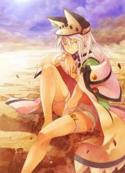 Rule 34 | 1girl, bad id, bad pixiv id, belt bra, breasts, cape, closed mouth, colored eyelashes, dark-skinned female, dark skin, day, guilty gear, guilty gear xrd, hat, long hair, looking at viewer, navel, orange eyes, outdoors, ramlethal valentine, short shorts, shorts, sitting, solo, thigh strap, white hair