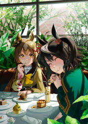 Rule 34 | 2girls, absurdres, animal ears, bow, brown eyes, brown hair, cake, canoyan, closed eyes, cup, cupcake, drinking straw, eating, eyelashes, food, food on face, fork, green jacket, highres, holding, holding fork, horse ears, horse girl, jacket, kitasan black (umamusume), multicolored hair, multiple girls, napkin, parfait, plant, plate, red ribbon, ribbon, satono diamond (umamusume), streaked hair, table, umamusume, utensil in mouth, window, yellow bow
