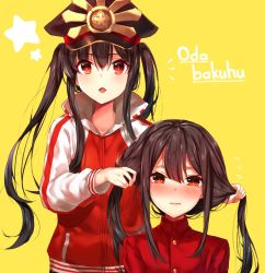 Rule 34 | 1boy, 1girl, black hair, black hat, blush, brother and sister, commentary, copyright request, english text, fate/grand order, fate (series), hat, jacket, kaerunoko, koha-ace, long hair, long sleeves, looking at viewer, multiple girls, oda nobukatsu (fate), oda nobunaga (fate), oda nobunaga (koha-ace), open mouth, red eyes, siblings, smile, star (symbol), text focus, track jacket, track suit, twintails, yellow background