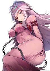 Rule 34 | 1girl, ass, blush, bound, breasts, chain, code geass, code geass: genesic re;code, collar, commentary request, eyebrows, flipped hair, gigi (code geass), hand on own ass, highres, long hair, medium breasts, migumigu, pink hair, purple eyes, sidelocks, solo, straitjacket, twitter username, white background