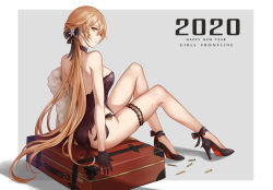 Rule 34 | 2020, ammunition, ass, bag, bare arms, bare legs, bare shoulders, black bow, black choker, black dress, black footwear, black panties, border, bow, breasts, brown hair, bullet, cartridge, choker, closed mouth, commentary request, dress, flower, from behind, full body, girls&#039; frontline, grey background, hair bow, hair flower, hair ornament, happy new year, high heels, highres, legs, long hair, looking at viewer, looking back, medium breasts, new year, official alternate costume, orange eyes, ots-14 (girls&#039; frontline), ots-14 (sangria succulent) (girls&#039; frontline), outside border, panties, ponytail, selcky, side-tie panties, simple background, sitting, thigh strap, torn clothes, torn dress, underwear, very long hair, white border, white flower