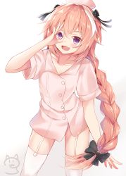 Rule 34 | 1boy, :d, astolfo (fate), blush, bow, braid, buttons, collarbone, contrapposto, cowboy shot, fang, fate/apocrypha, fate (series), garter straps, gradient background, hair bow, hat, highres, long hair, looking at viewer, male focus, multicolored hair, nahaki, nurse, nurse cap, ok sign, open mouth, pink hair, pink shirt, pink thighhighs, purple eyes, shirt, short sleeves, signature, single braid, smile, solo, standing, thighhighs, trap, two-tone hair
